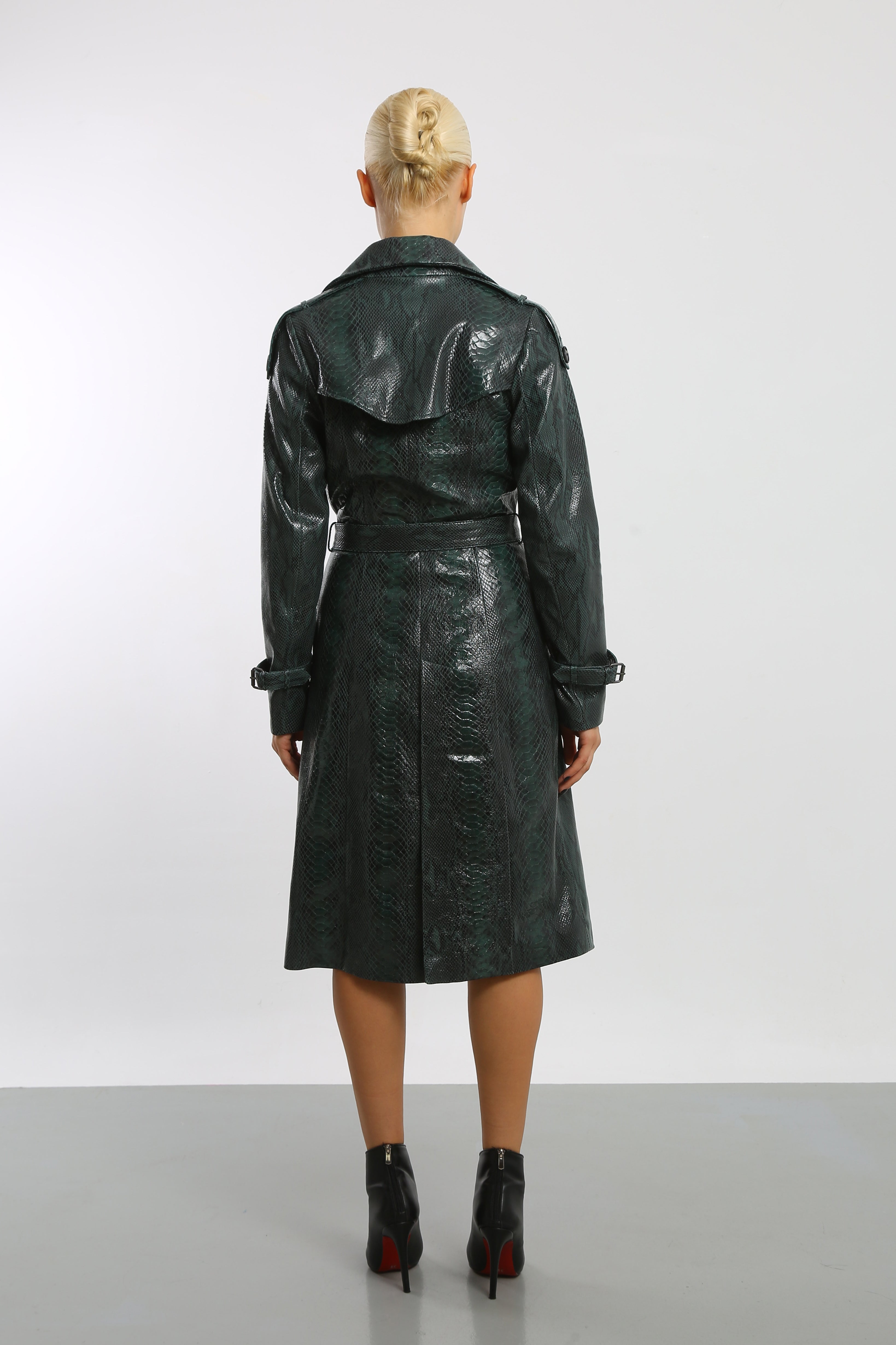 Viper Veil Snake Printed Leather Trench Coat
