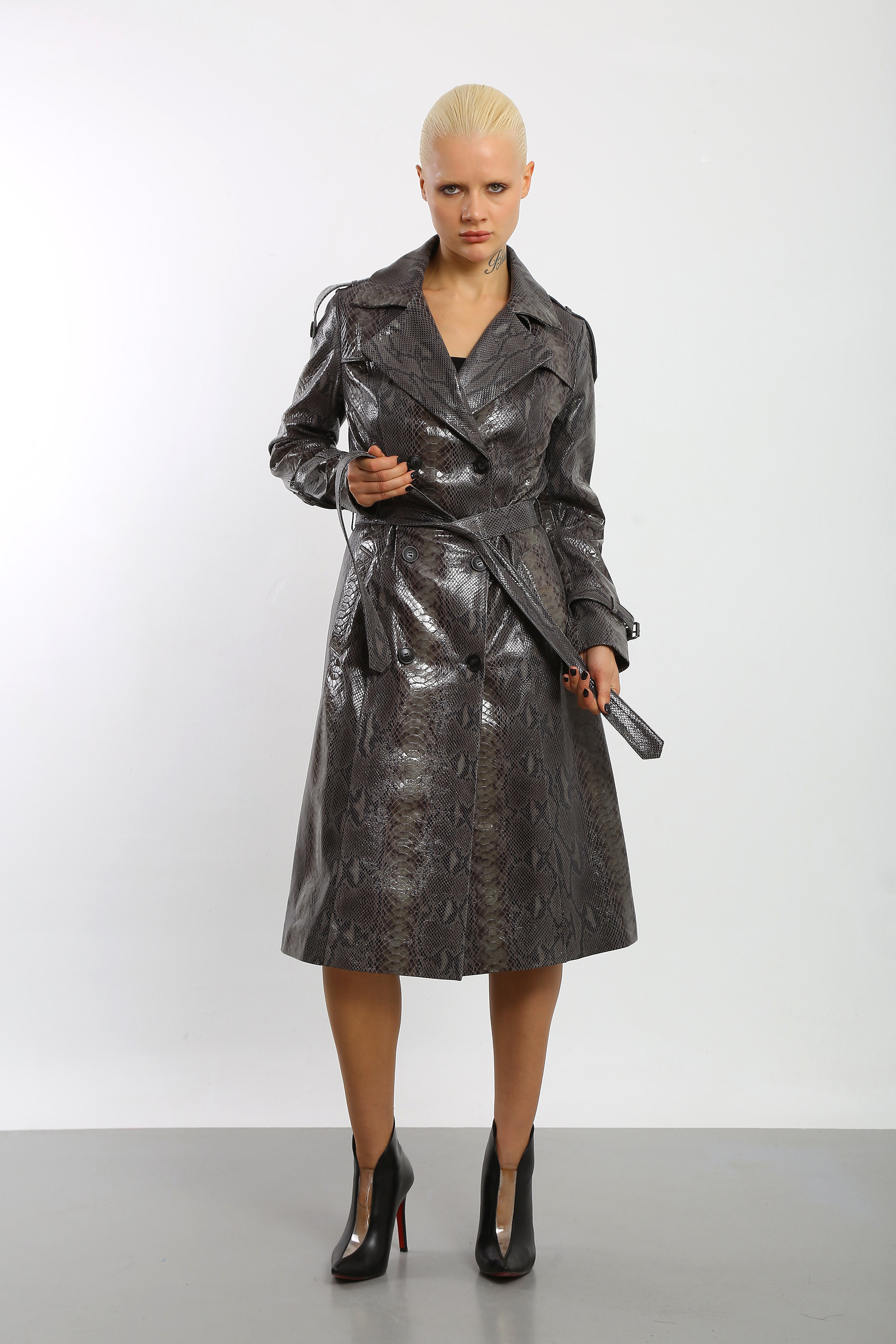 Viper Veil Snake Printed Leather Trench Coat