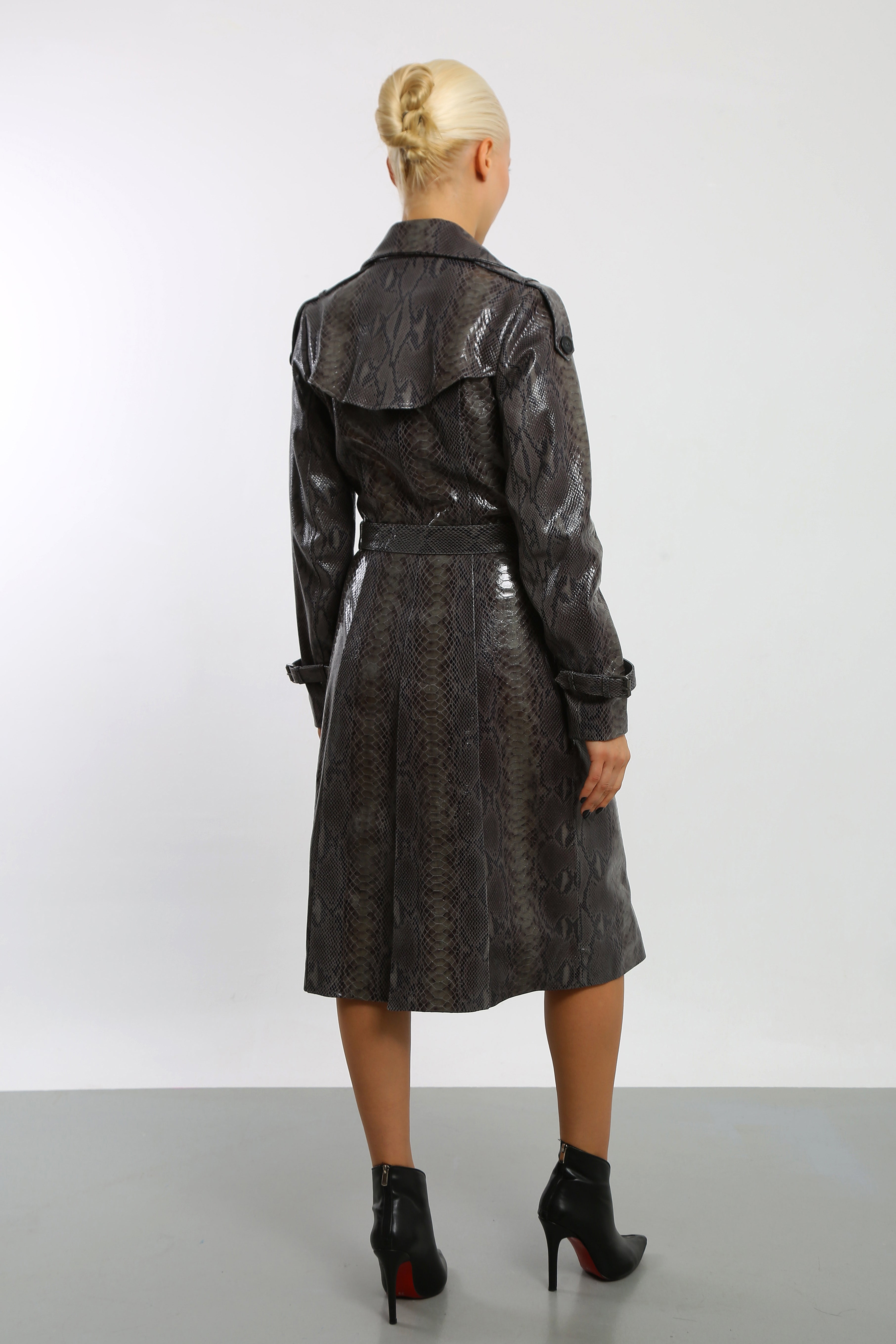 Viper Veil Snake Printed Leather Trench Coat