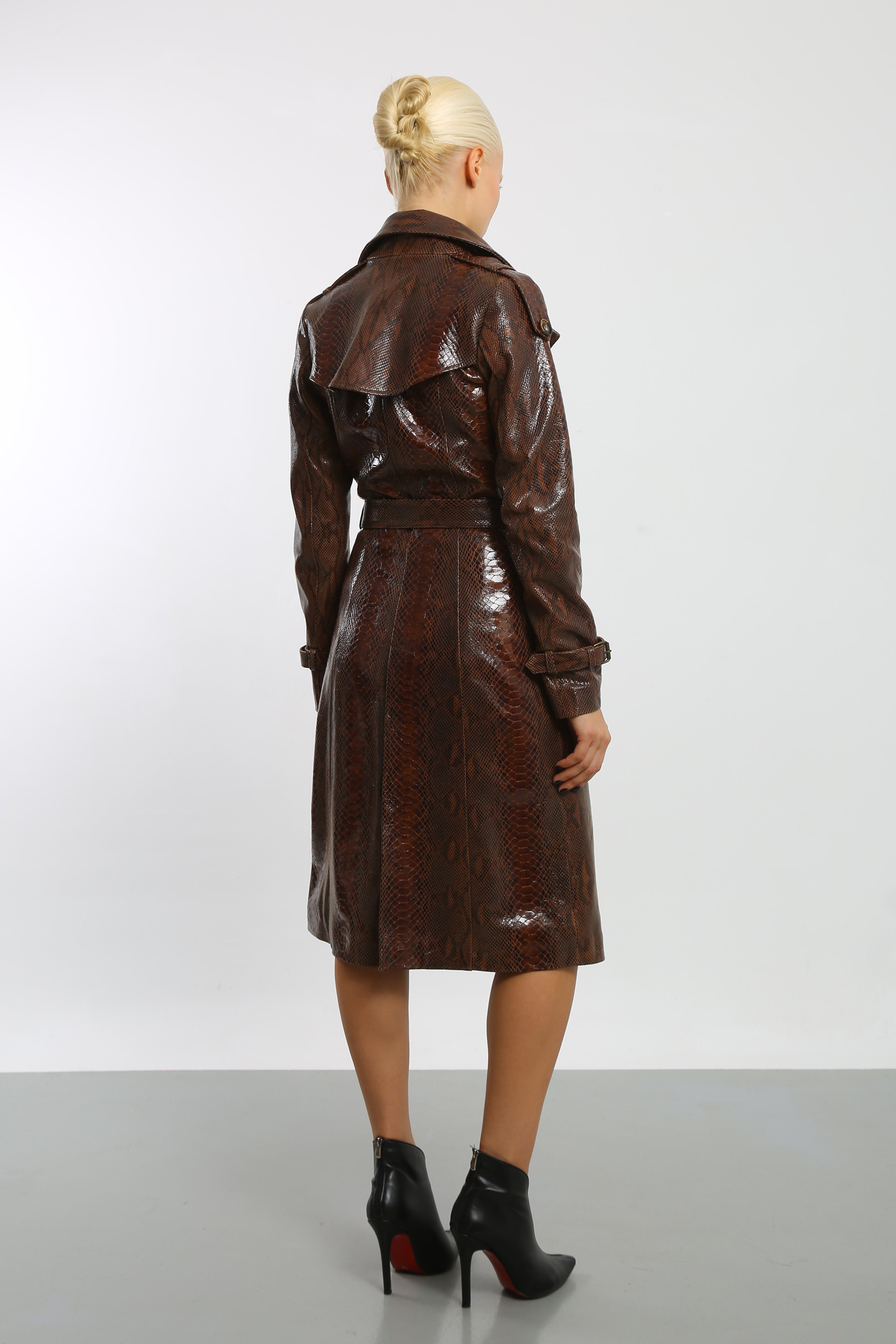 Viper Veil Snake Printed Leather Trench Coat