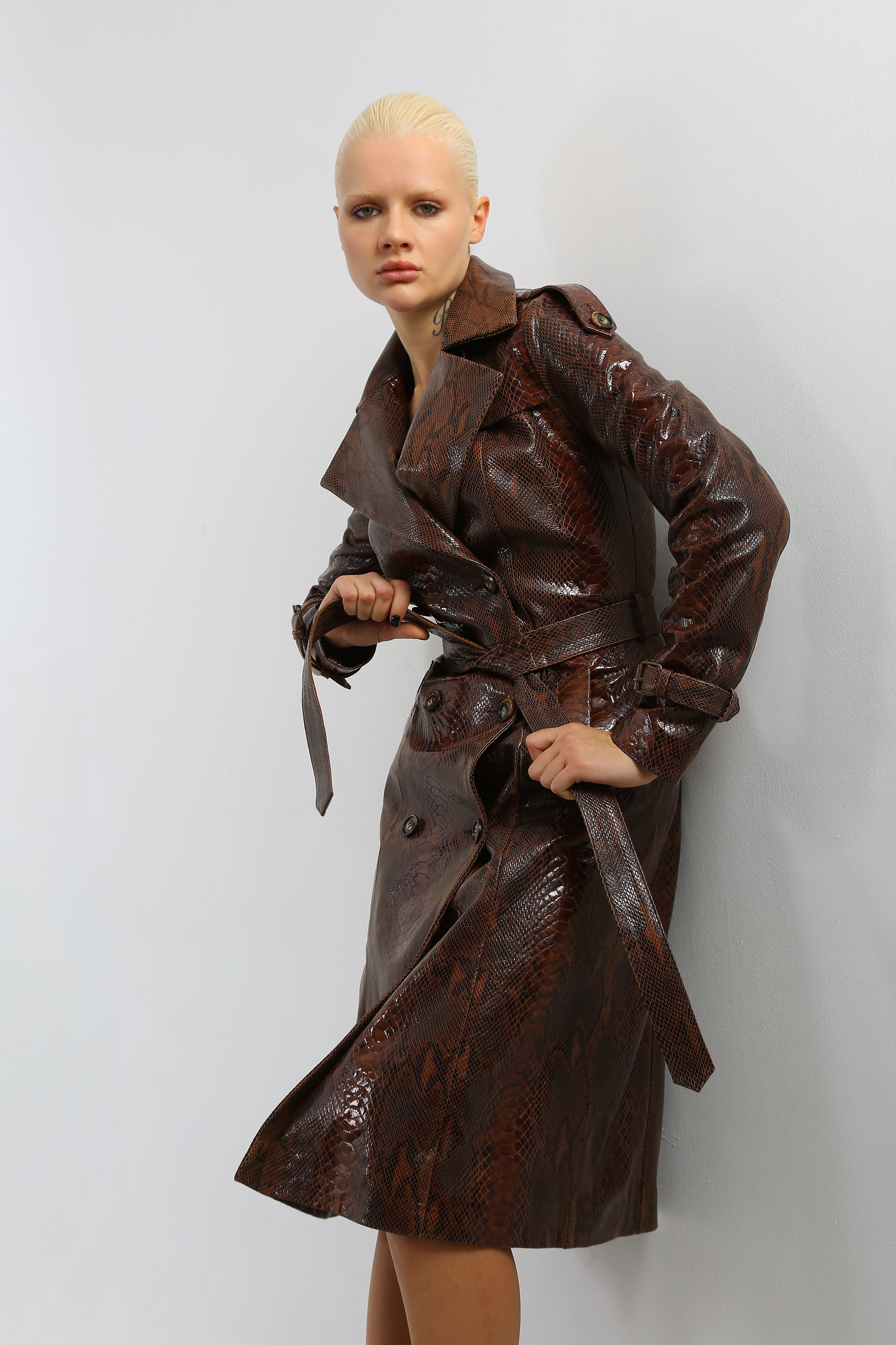 Viper Veil Snake Printed Leather Trench Coat