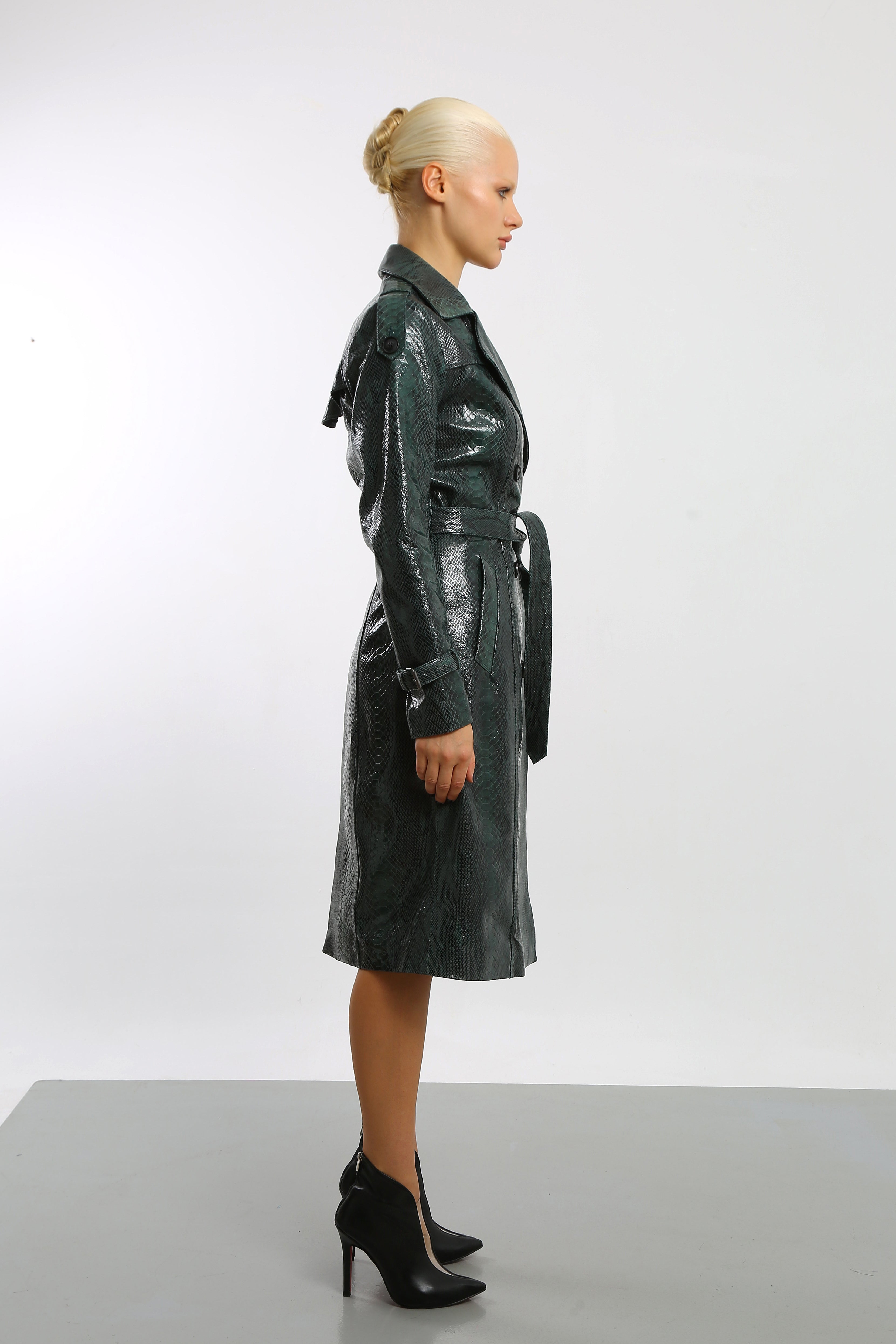 Viper Veil Snake Printed Leather Trench Coat