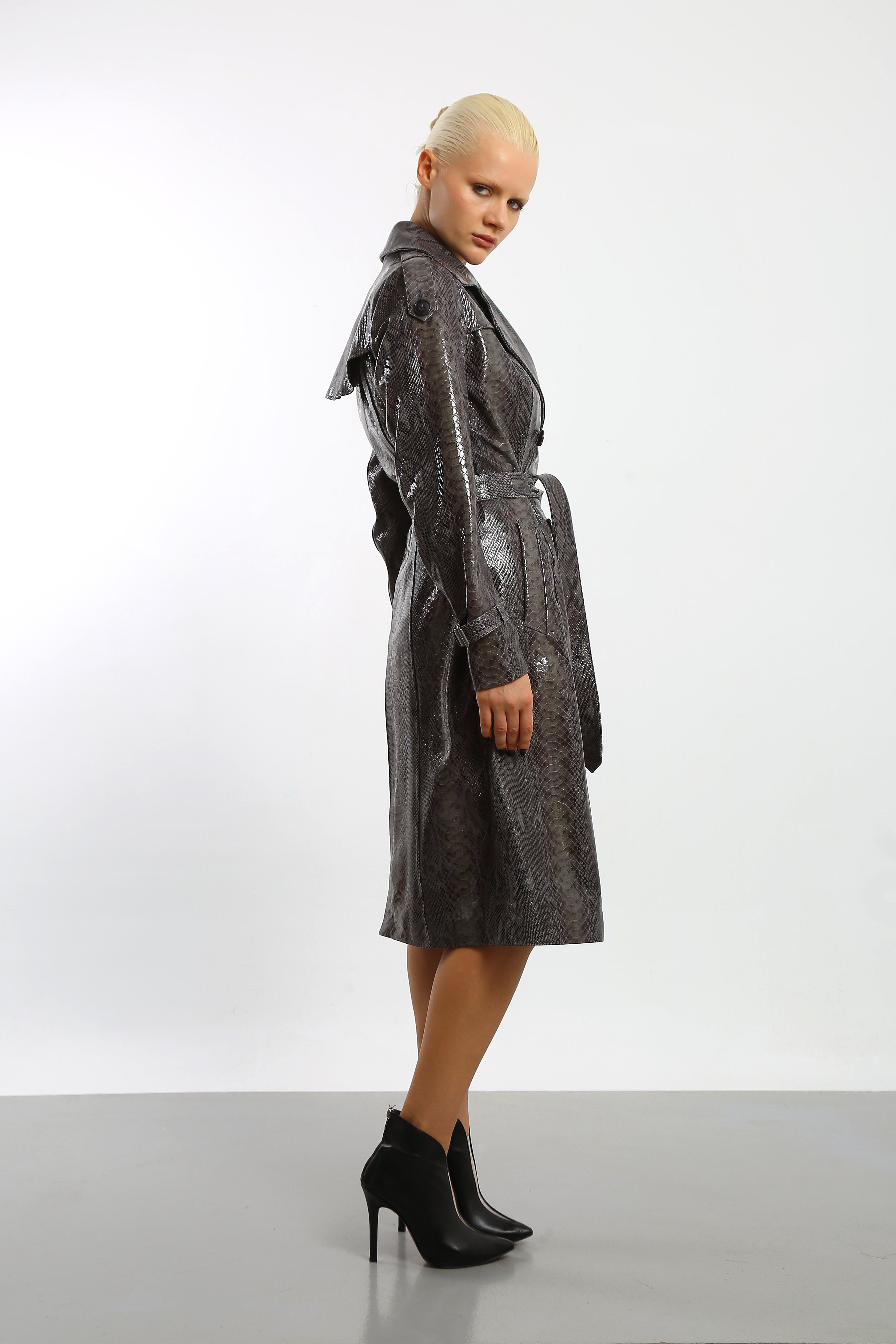 Viper Veil Snake Printed Leather Trench Coat